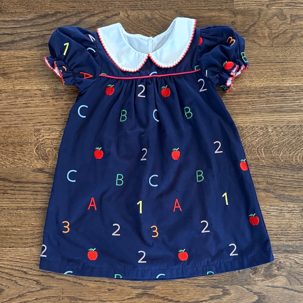 Smockingbird Embroidered Navy Back To School Dress With Peter Pan Collar